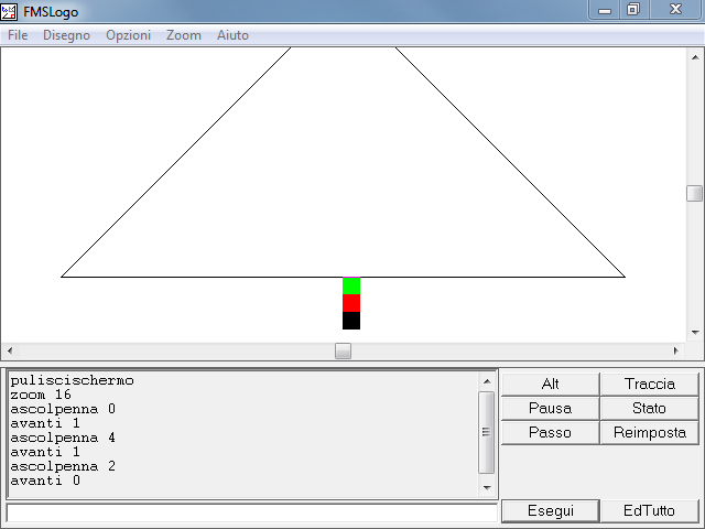 Schermata principale di FMSLogo con tre pixel colorati